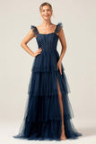 Correias Destacáveis A Line Navy Tiered Long Bridesmaid Dress