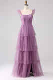 Roxo A Line Tulle Tiered plissado longo vestido de baile com fenda