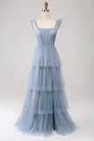 Dusty Blue A Line Tiered Tulle Corset Vestido Madrinha com Fenda