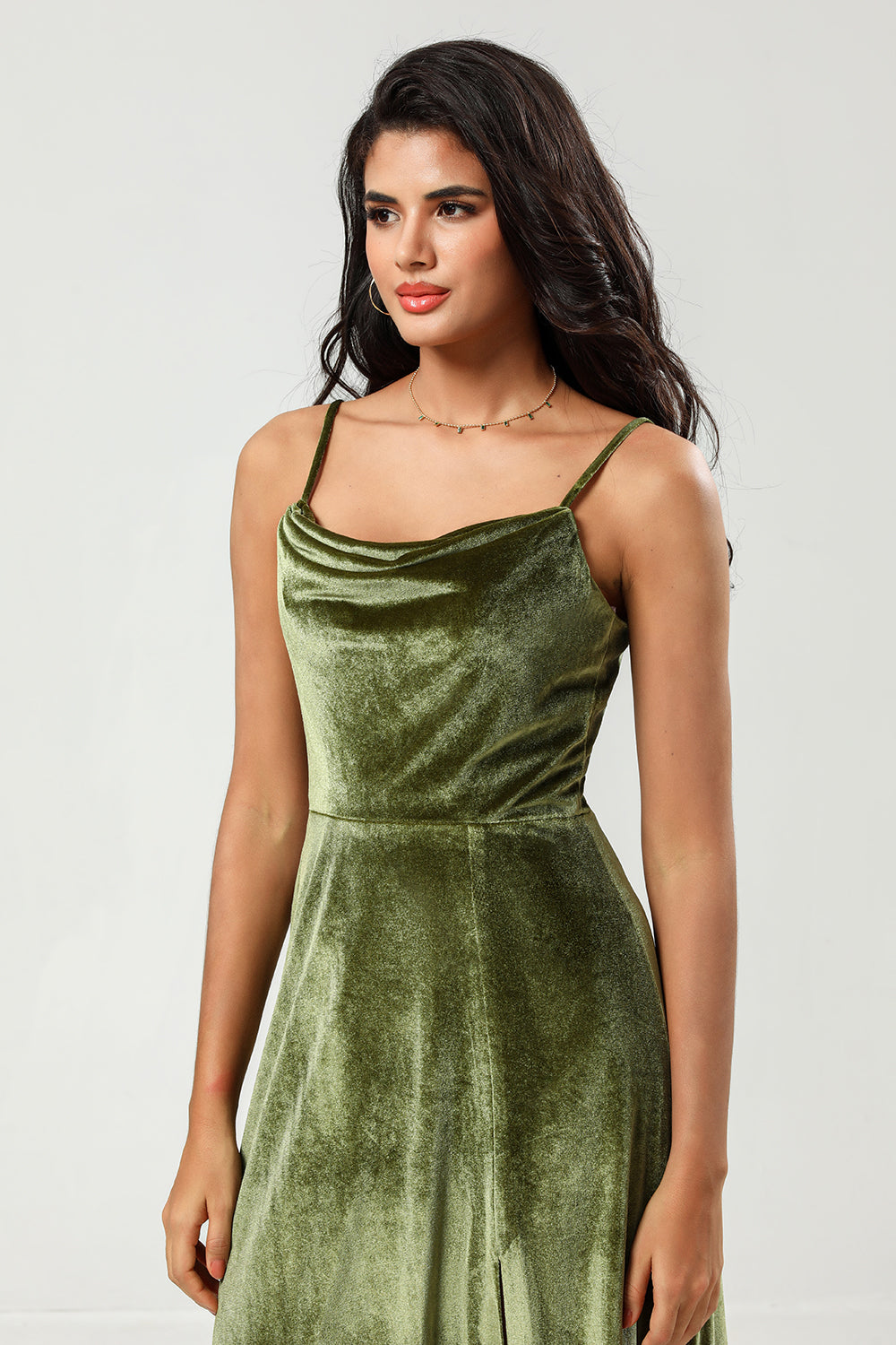 Veludo Uma Linha Verde Vestido Madrinha com Fenda