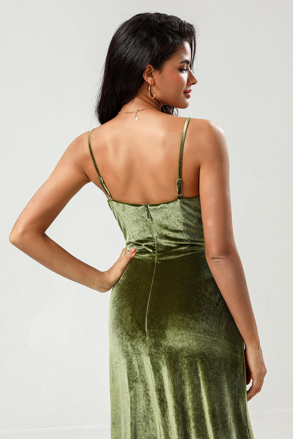Veludo Uma Linha Verde Vestido Madrinha com Fenda