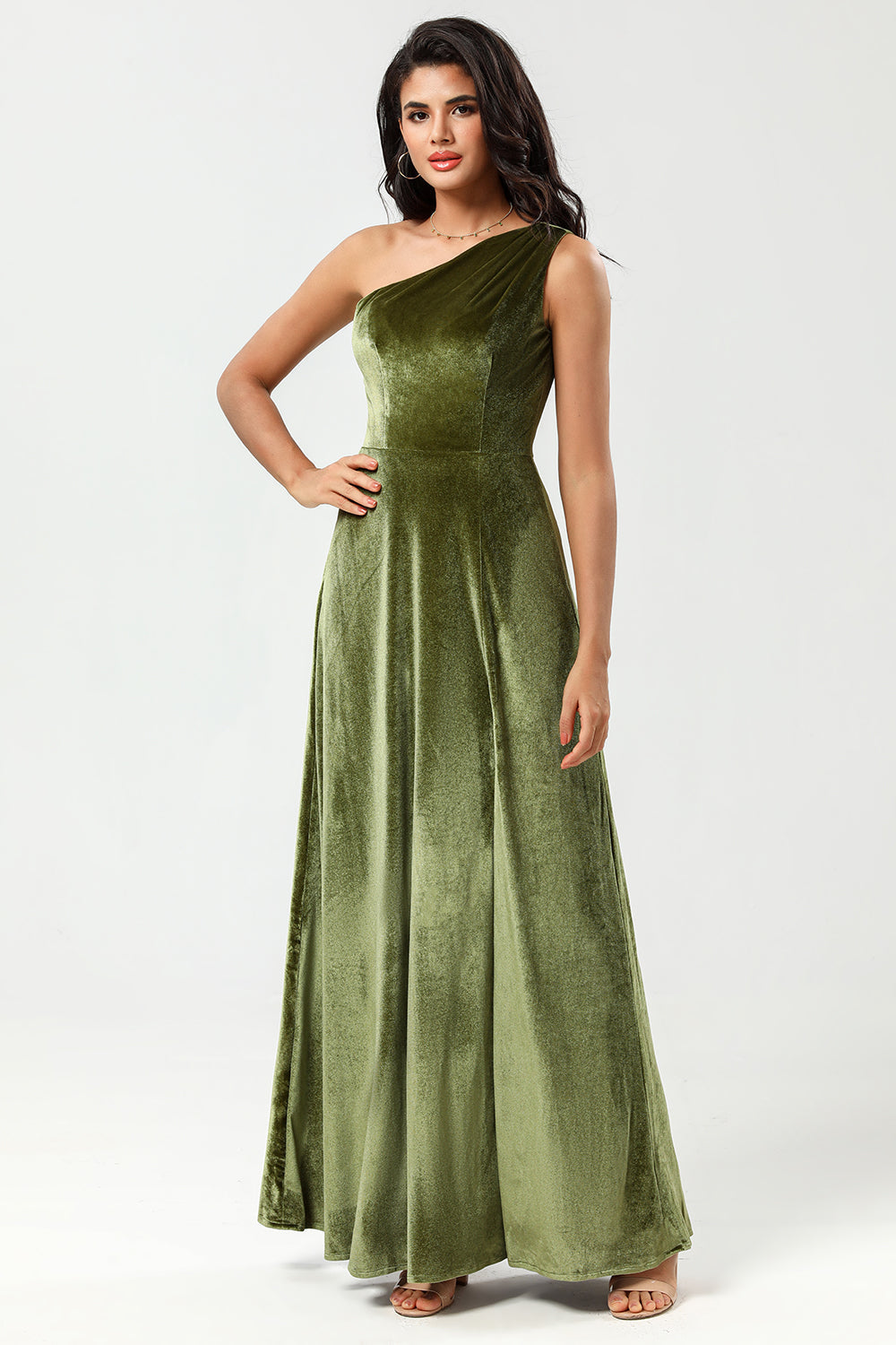 Um ombro uma linha Velvet vestido verde dama de honra com fenda