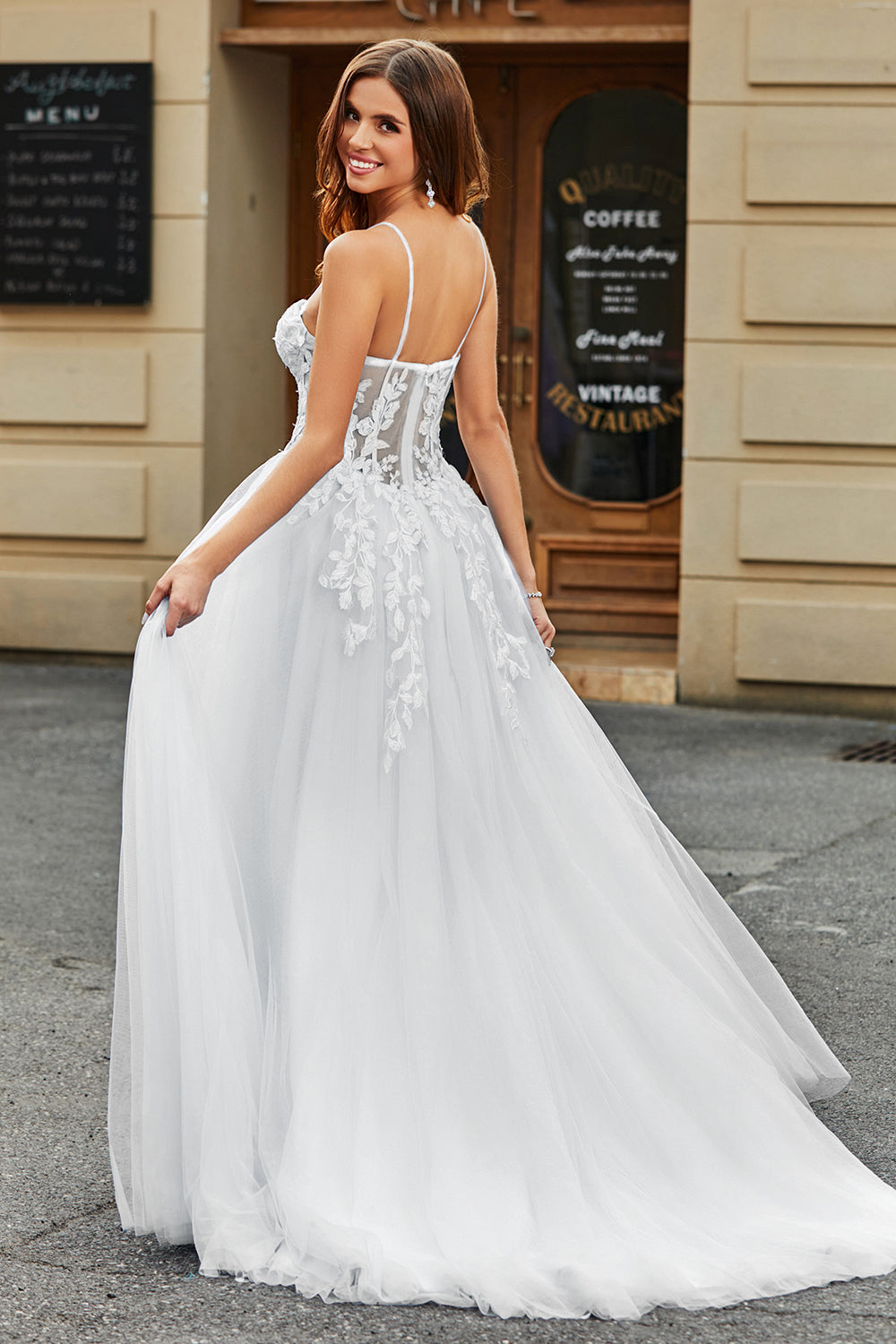 Marfim A-Line Esparguete Correias Corset Renda Tule Vestido de Noiva Longo