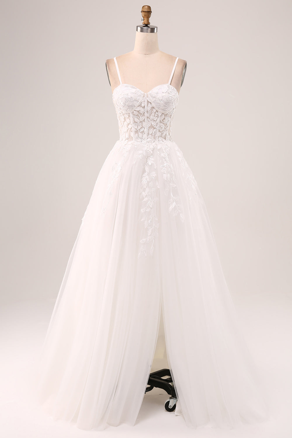 Marfim A-Line Esparguete Correias Corset Renda Tule Vestido de Noiva Longo