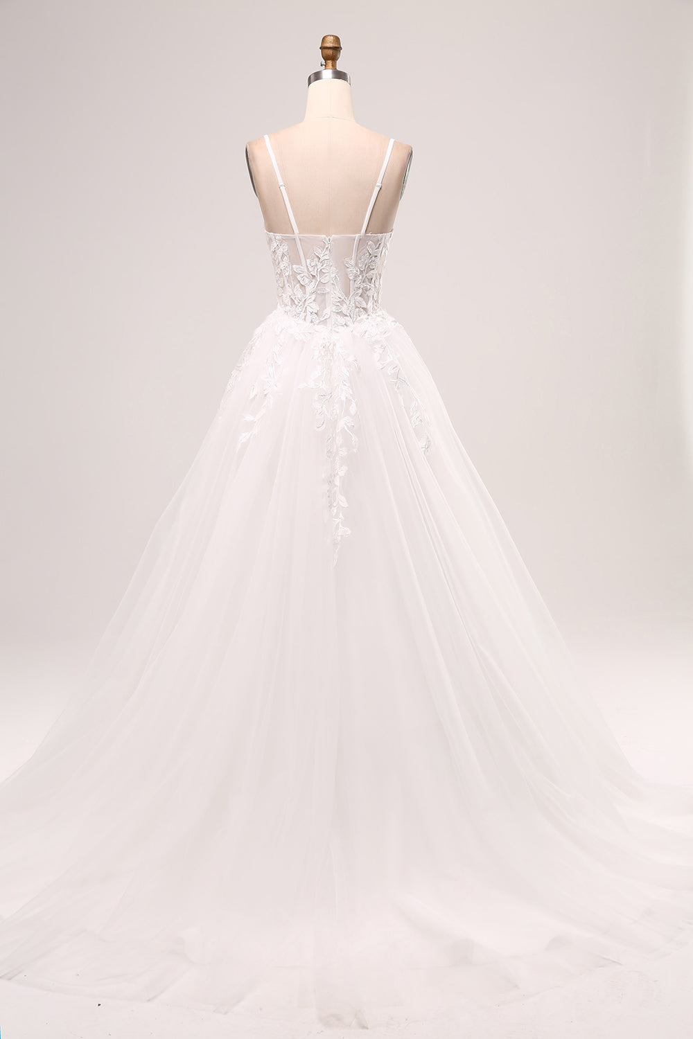 Marfim A-Line Esparguete Correias Corset Renda Tule Vestido de Noiva Longo