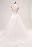 Marfim A-Line Esparguete Correias Corset Renda Tule Vestido de Noiva Longo