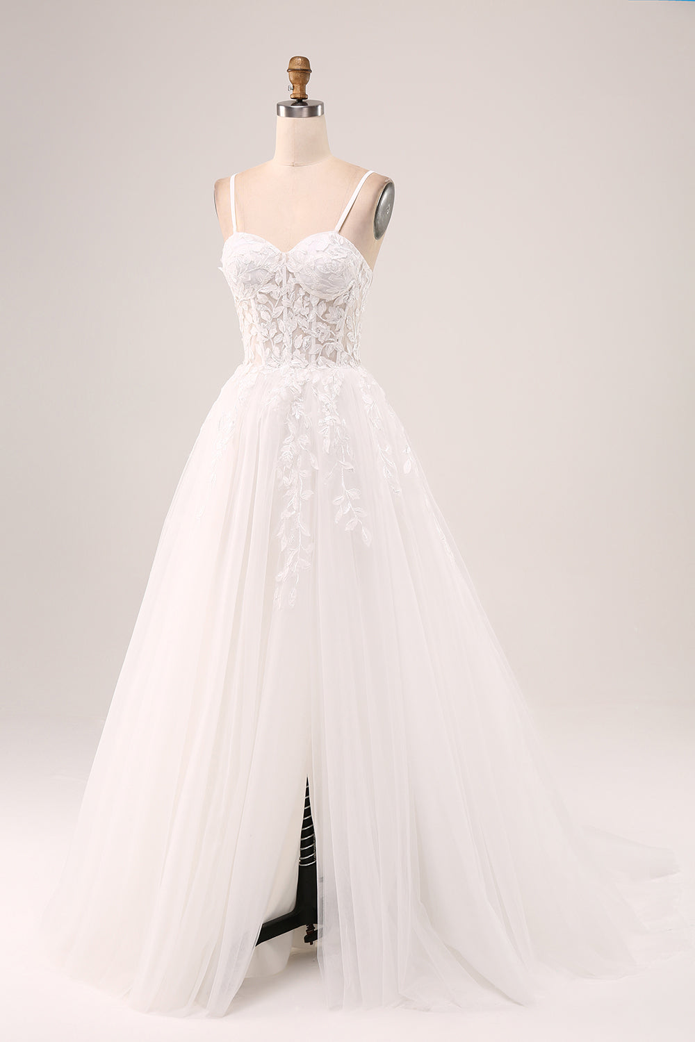 Marfim A-Line Esparguete Correias Corset Renda Tule Vestido de Noiva Longo