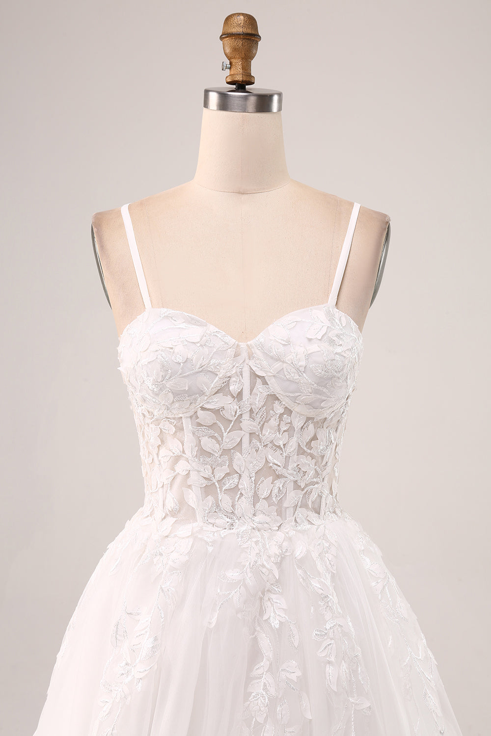 Marfim A-Line Esparguete Correias Corset Renda Tule Vestido de Noiva Longo