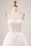 Marfim A-Line Esparguete Correias Corset Renda Tule Vestido de Noiva Longo