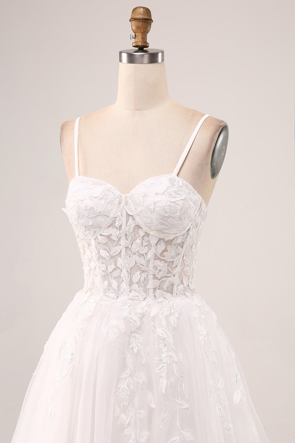 Marfim A-Line Esparguete Correias Corset Renda Tule Vestido de Noiva Longo