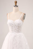 Marfim A-Line Esparguete Correias Corset Renda Tule Vestido de Noiva Longo