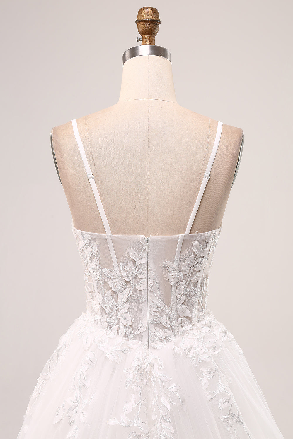 Marfim A-Line Esparguete Correias Corset Renda Tule Vestido de Noiva Longo