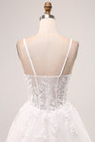 Marfim A-Line Esparguete Correias Corset Renda Tule Vestido de Noiva Longo
