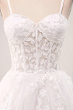 Marfim A-Line Esparguete Correias Corset Renda Tule Vestido de Noiva Longo