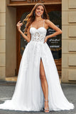 Espartilho Branco A-Line Long Tulle Vestido de Noiva com Fenda