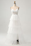 Marfim A-Line Tule Tiered Corset Long Vestido de Noiva com Fenda