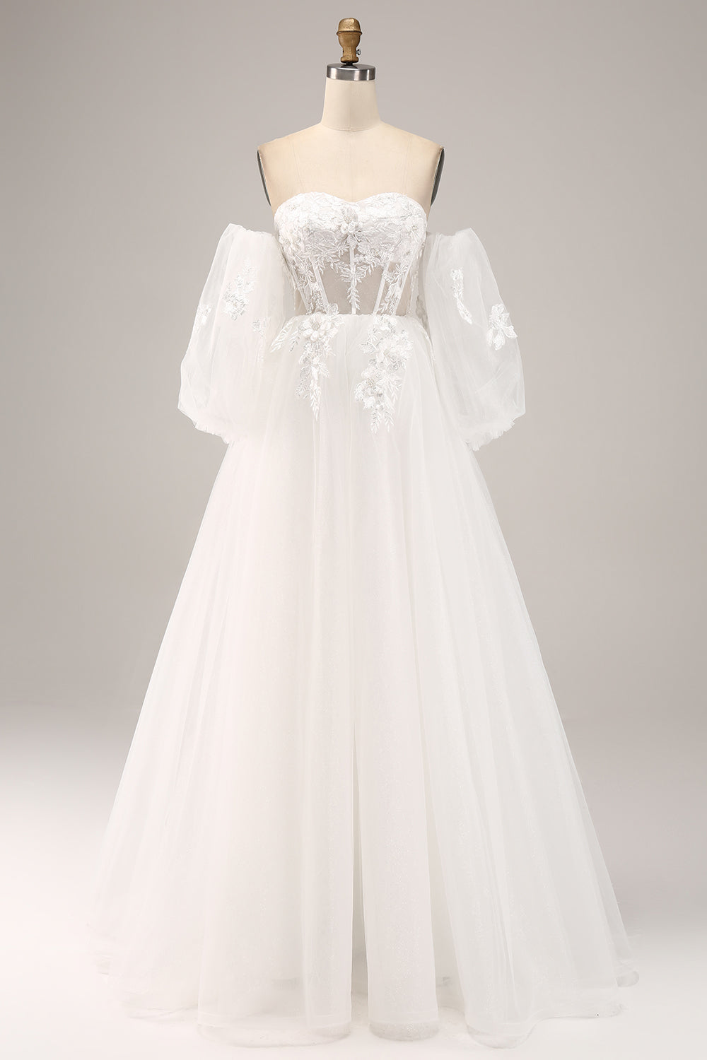 Fora do ombro tule vestido de noiva com apliques