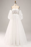 Fora do ombro tule vestido de noiva com apliques