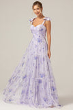 Espartilho Lilás Estampa Floral A-Line Vestido Longo Madrinha