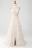 Damasco A Line Spaghetti Straps Appliques Long Wdding Dress with Slit