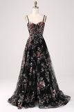 Preto A-Line Flor Sequins Long Corset Prom Dress