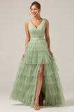 Verde Tiered A Line V-Neck Tulle Long Prom Dress com Fenda