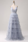 Cinzento Azul Uma Linha Tiered Tulle Backless Long Prom Dress