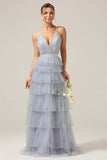 Cinzento Azul Uma Linha Tiered Tulle Prom Dress