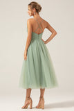 A-Line Tea-Length Corset Tulle Matcha Vestido Madrinha