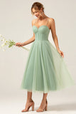 A-Line Tea-Length Corset Tulle Matcha Vestido Madrinha