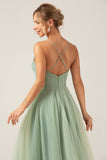 A-Line Tea-Length Corset Tulle Matcha Vestido Madrinha
