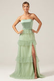 Matcha A-Line Strapless Vestido Longo Madrinha com Folhos