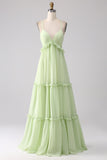Folhos Um Vestido de Dama de Honra Verde Linha com Renda-up Costas