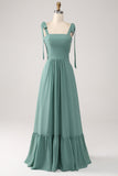 Uma linha Chiffon verde vestido longo dama de honra com plissado