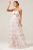 Lavanda Flor Princesa Esparguete Alças Tiered Prom Dress com Pississados