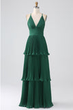 A-Line Verde Escuro Tiered Chiffon vestido de dama de honra com pregado