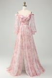 Blush Flor A-Line Fora do Ombro Print Prom Dress Com Fenda
