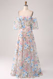 A-Line flor de damasco fora do ombro longo espartilho vestido de baile