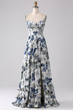Vestido de baile longo espartilho estampado azul plissado com fenda