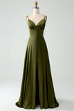 Olive A-Line Esparguete Correias Cetim Long Bridesamid Vestido