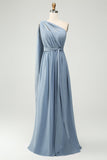 Conversível Chiffon Uma linha Dusty Blue Long Bridesmaid Dress