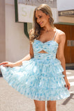 A-Line Tiered Blue Floral Cut out Vestido Curto Homecoming