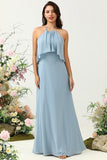 A Line Halter Azul Vestido de Dama de Honor