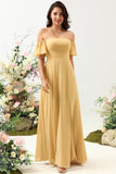 A Line Fora do Ombro Amarelo Vestido de Dama de Honor