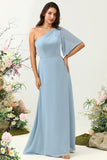 Cinza Azul Um Ombro Chiffon Boho Vestido Madrinha