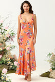 Laranja Floral Assimétrico Boho Vestido de Dama de Honra