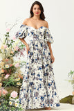 Flor Azul Branco Boho Vestido de Dama de Honor