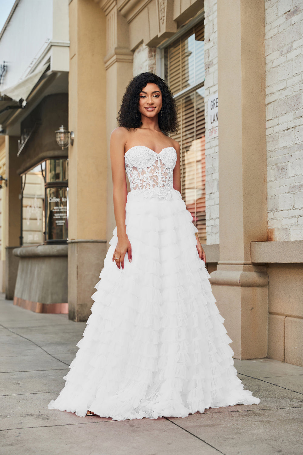 Espartilho branco babado A-Line vestido de noiva com renda