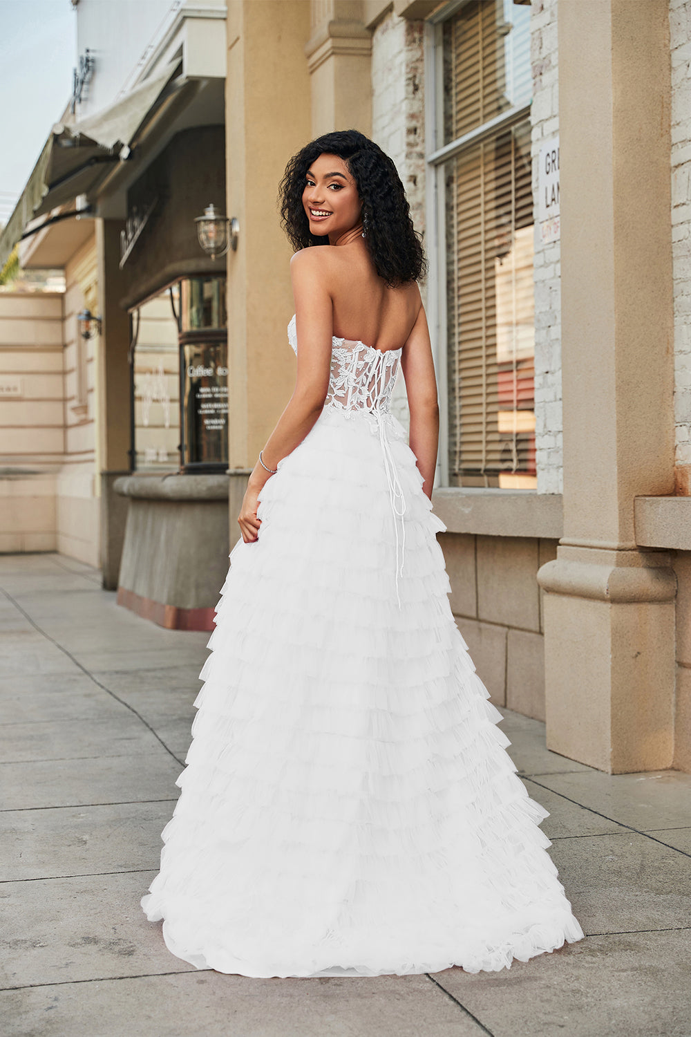 Espartilho branco babado A-Line vestido de noiva com renda