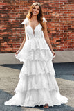 Branco A-Line Tiered Lace Vestido de Noiva Longo